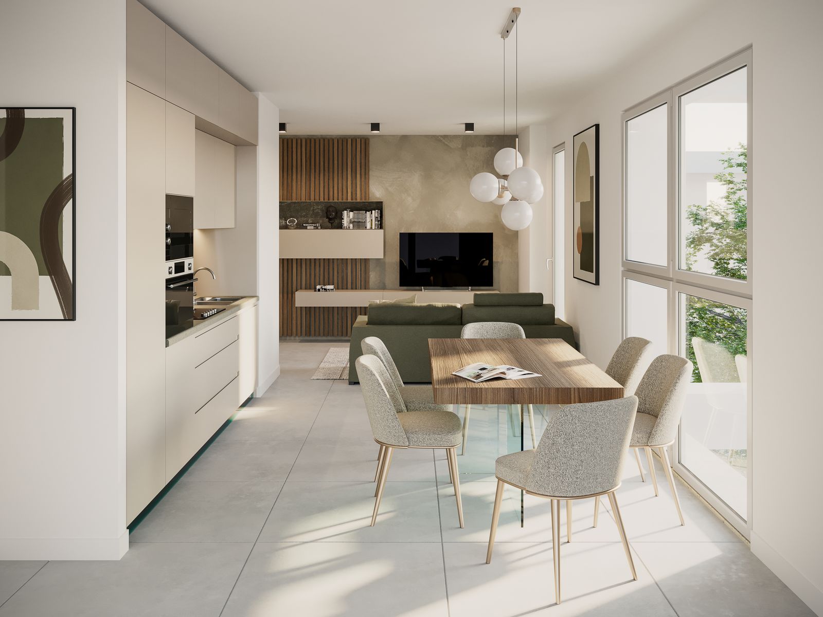 Soggiorno con cucina a vista e zona pranzo affacciata sul verde