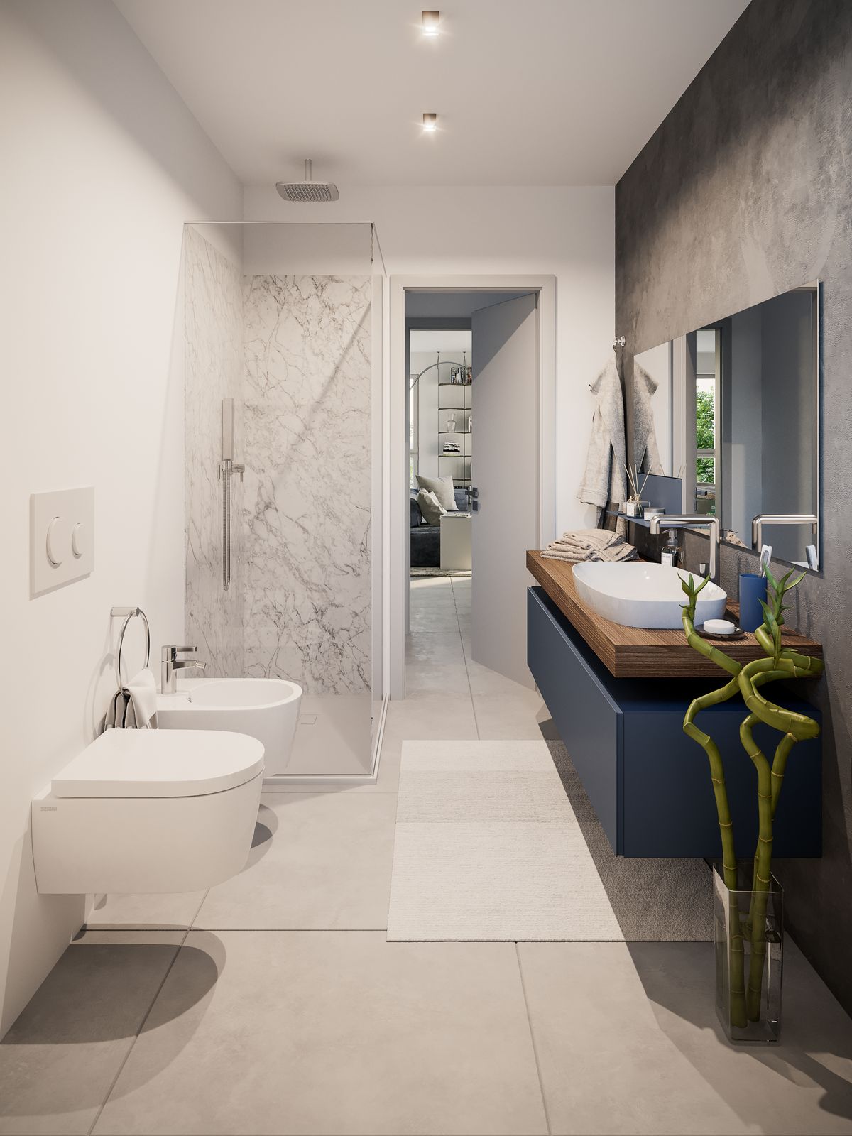Bagno con doccia, mobile lavabo sospeso e rivestimento in marmo